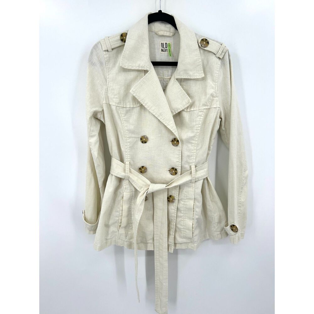OLD NAVY Women's Ivory Linen Cotton Belted Trench Jacket Tortoise Button Small